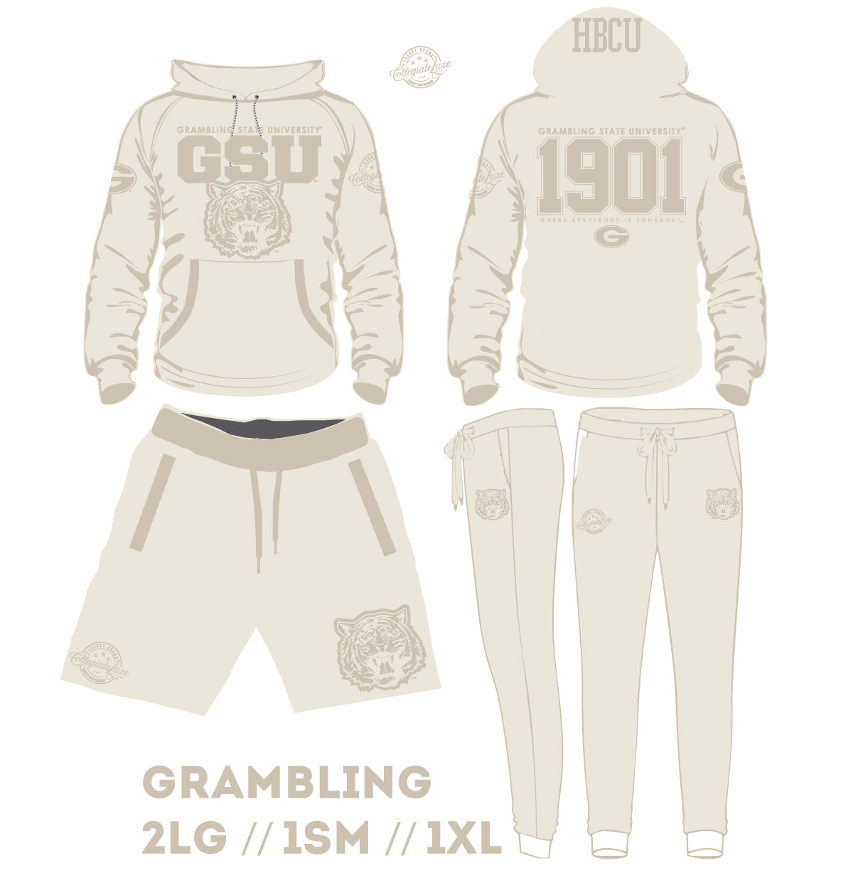 GRAMBLING STATE CREAM GOAT SET LOGO JOGGERS HOODIE SHORTS