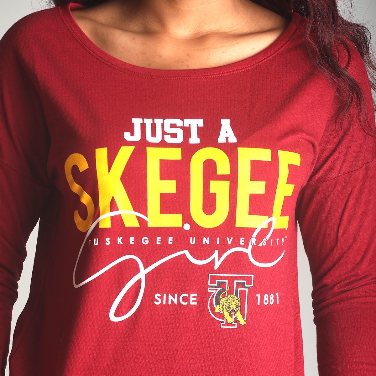 TUSKEGEE | JUST A SKEGEE GIRL Crimson Ladies Off The Shoulders (**)