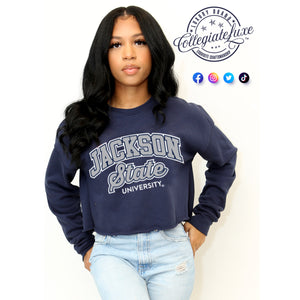 JACKSON ST. | Univ. ARCH CROP TOP Printed Navy Unisex Sweatshirt (Z)